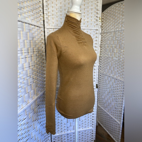 NWT Hem & Thread INA PIN STRIPE SHIRRING MOCK NECK TOP IN MUSTARD - Picture 8 of 13